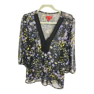 Elle Womens Purple & Black Floral Print 3/4 Sleeve Blouse Top Shirt Size L C501